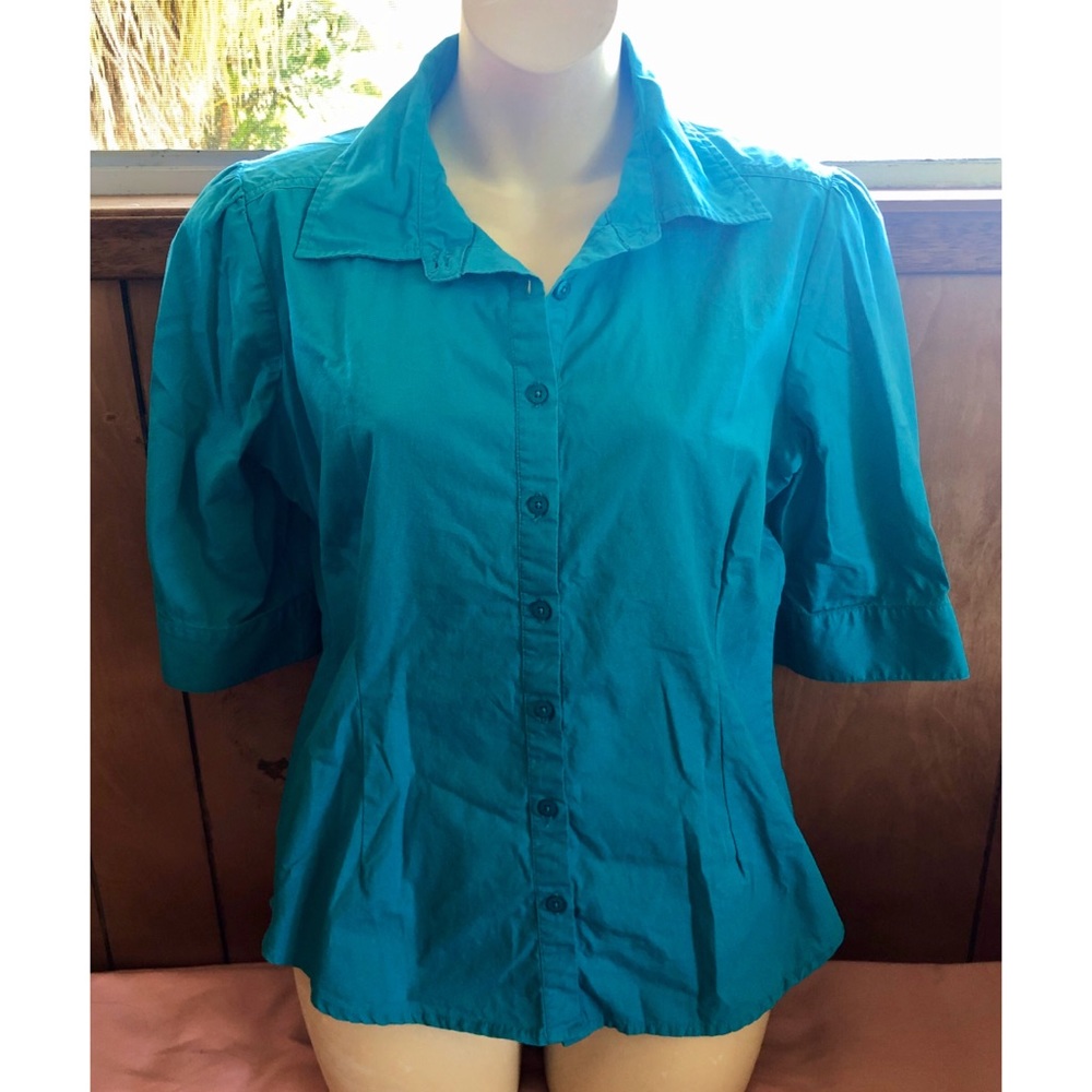 Andrew & Co Blue Button Down Top, Size Large, EUC